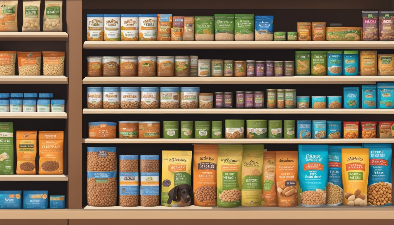 A variety of high-quality dog food brands displayed on shelves at Harris Teeter, including premium ingredients and clear nutritional information