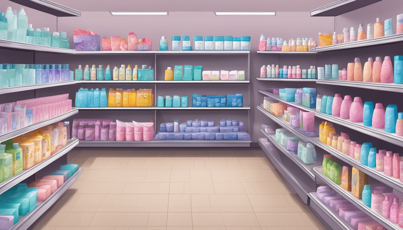 A display of feminine care and personal hygiene products arranged on shelves at Ralphs