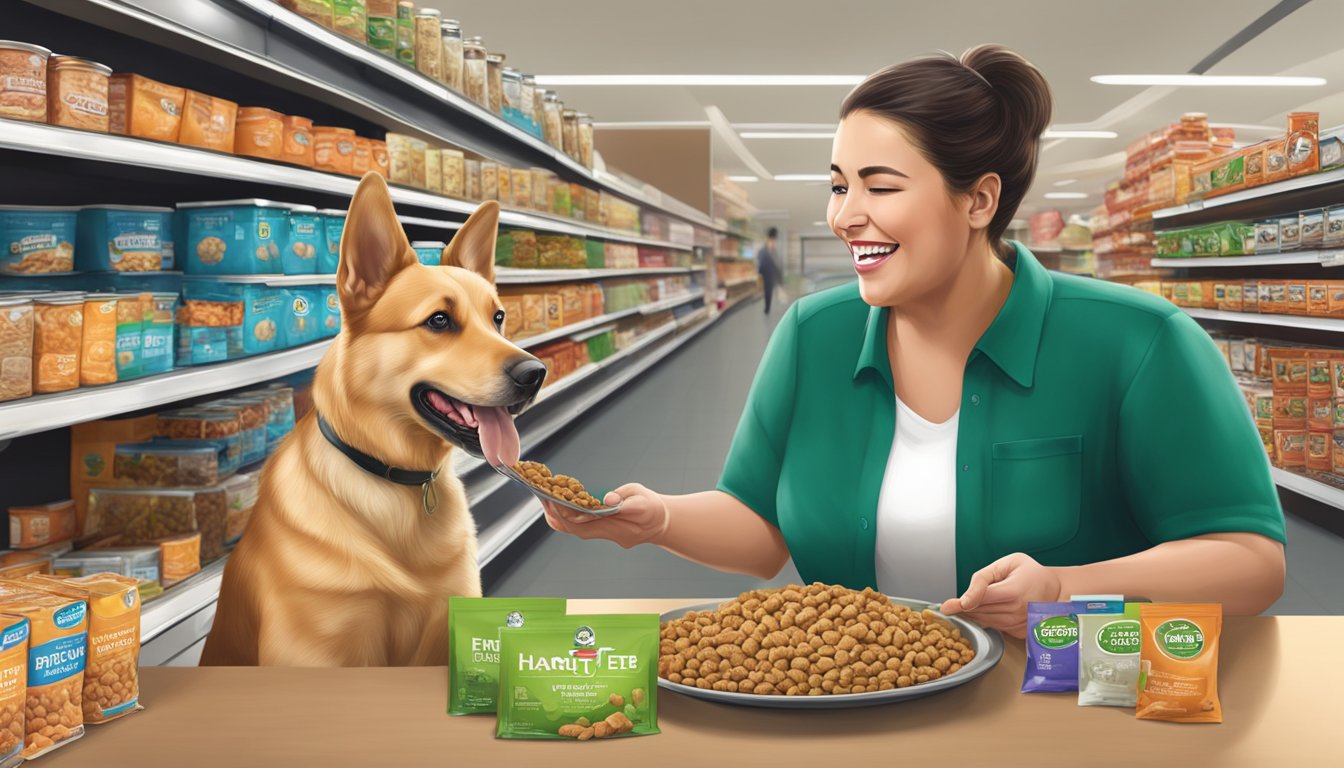 A dog happily eating Harris Teeter dog food with a customer service representative assisting nearby