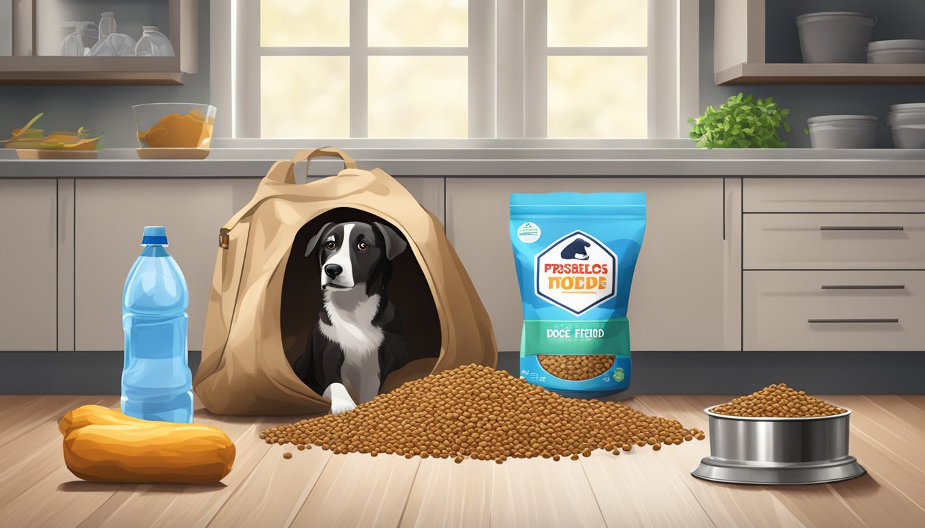 A large bag of dog food sits open on a kitchen floor, surrounded by scattered kibble and a spilled bowl of water