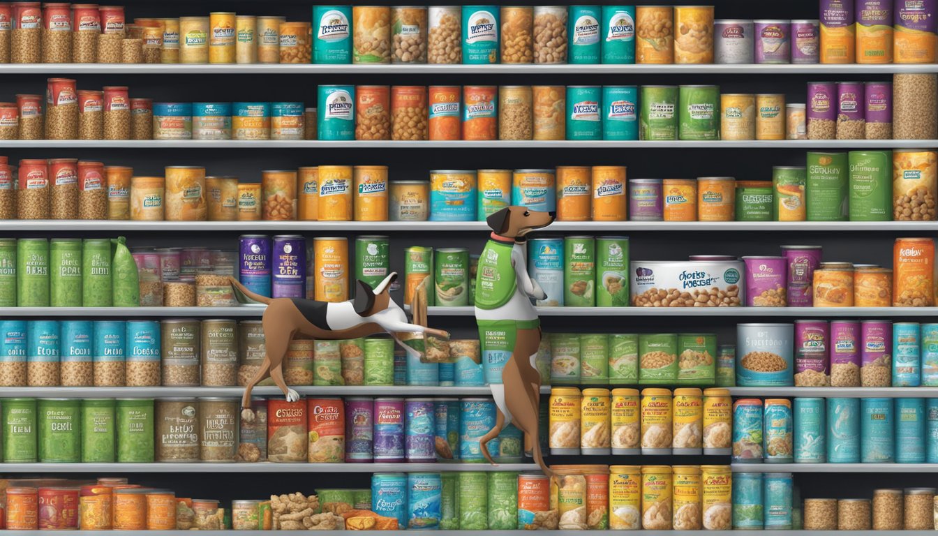 A dog eagerly sniffs a variety of Harris Teeter brand dog food cans on a well-stocked shelf