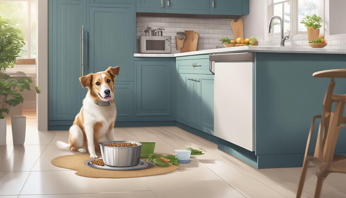 A dog happily eats Conclusion Harris Teeter dog food from a bowl on a clean kitchen floor