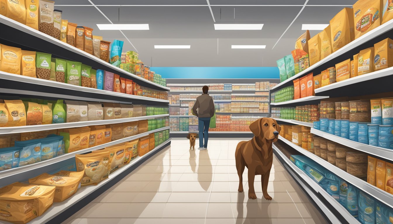 A giant bag of dog food sits on a shelf in a bustling grocery store aisle. Customers browse nearby shelves