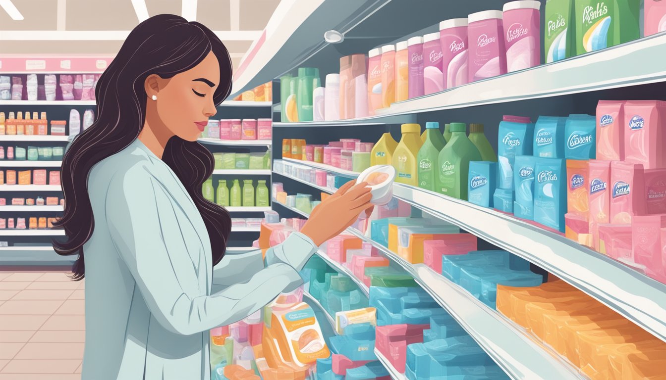 A woman browsing feminine care and personal hygiene products at a Ralphs supermarket