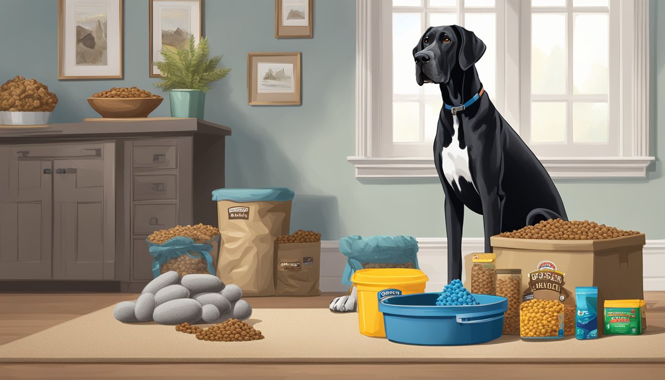 A massive Great Dane stands next to a towering bowl of kibble, surrounded by oversized dog toys and a giant bag of dog food