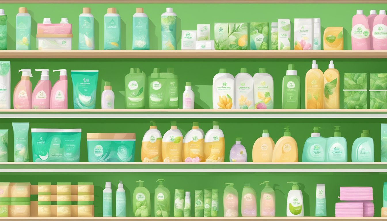 A shelf in a grocery store displaying eco-friendly feminine care and personal hygiene products, with green packaging and natural materials