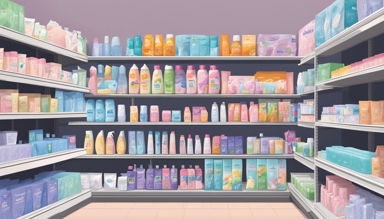 A shelf display of feminine care and personal hygiene products at Ralphs