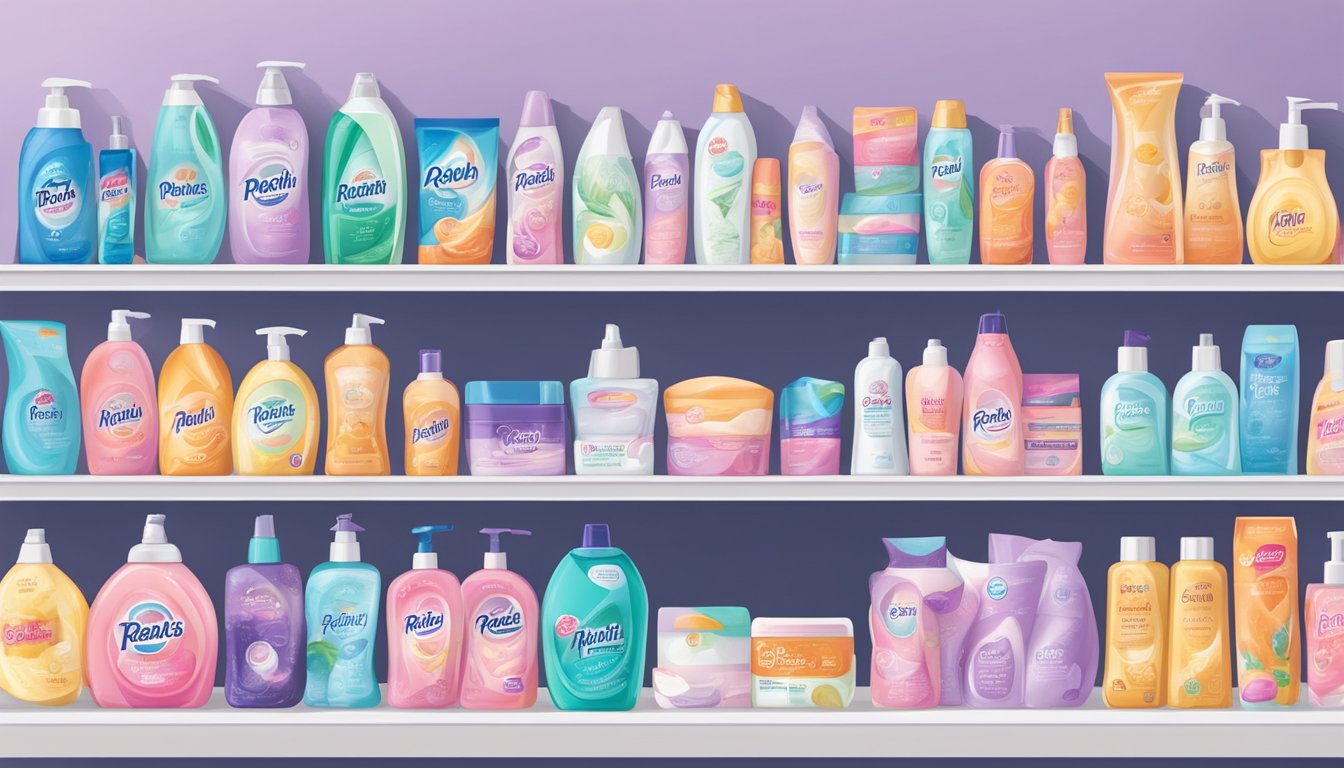 A shelf displaying various feminine care and personal hygiene products at Ralphs