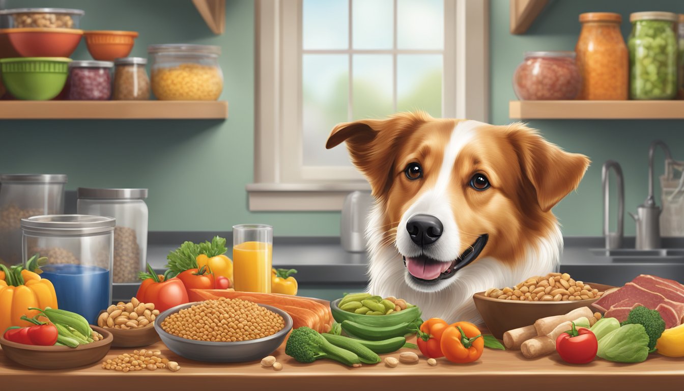 A happy dog eating from a bowl of Market Basket's dog food, surrounded by vibrant and healthy-looking ingredients such as meat, vegetables, and grains