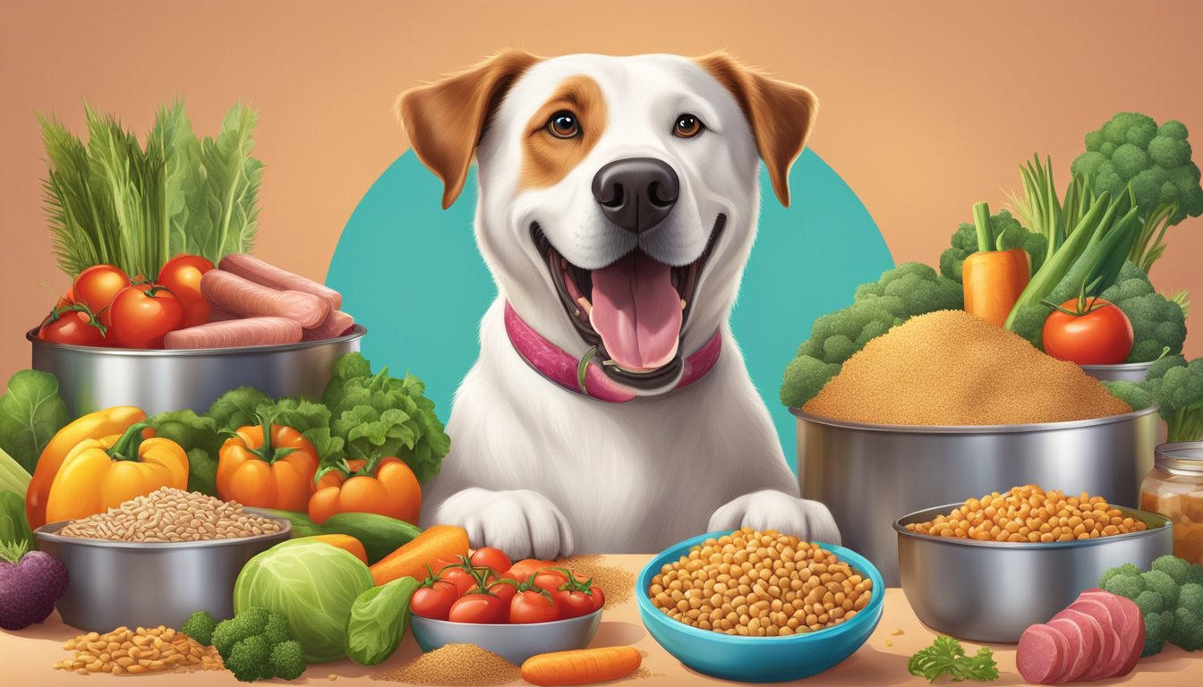 A happy dog eating giant food dog food, surrounded by vibrant, fresh ingredients like meat, vegetables, and grains, with a shiny coat and bright eyes