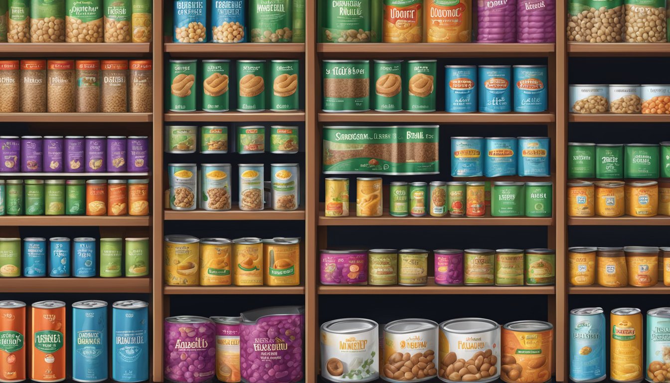 A variety of Demoulas Market Basket dog food cans and bags arranged on shelves