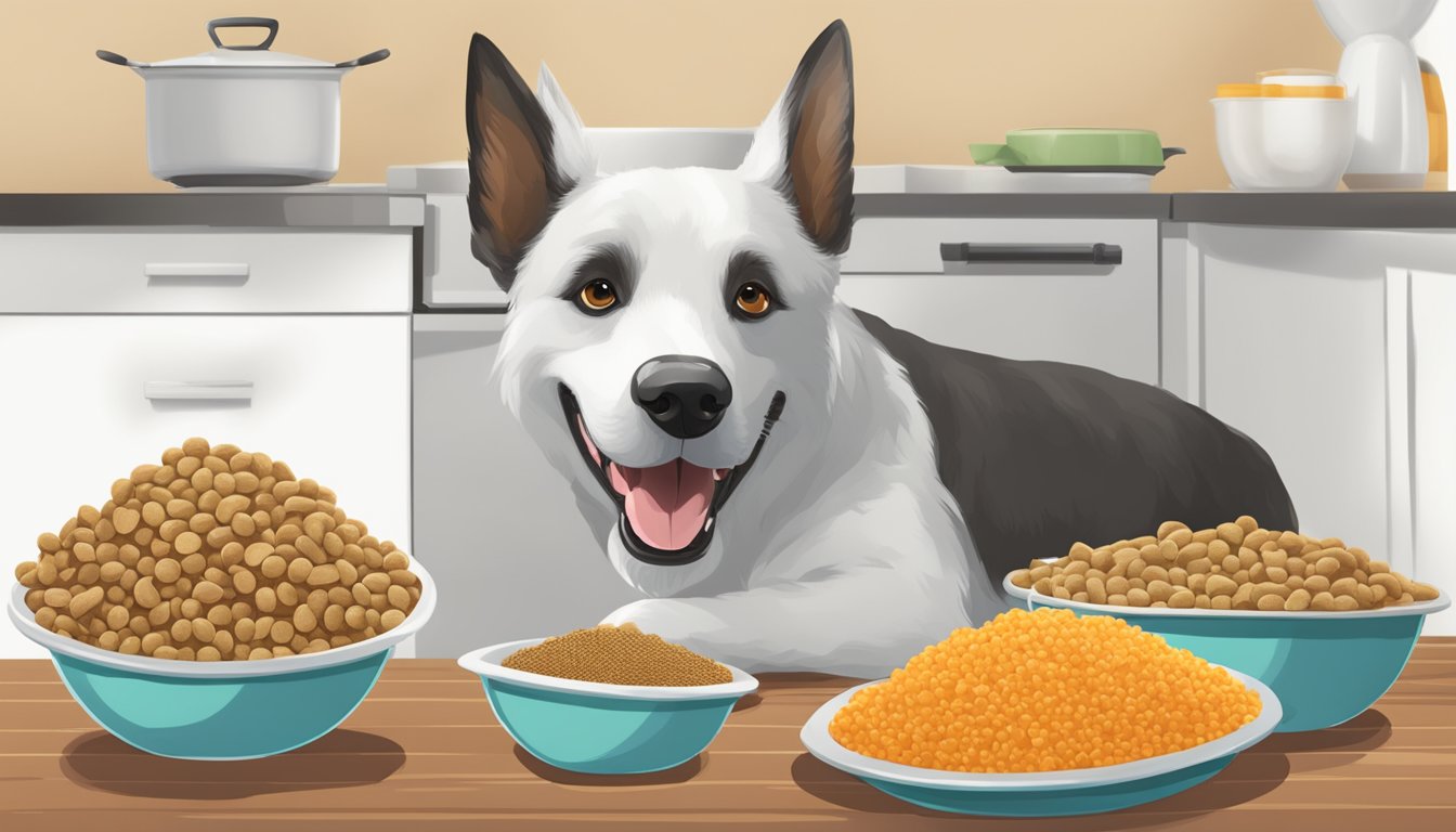 A happy dog eating from a bowl of Demoulas Market Basket dog food, with feeding guidelines and instructions visible in the background