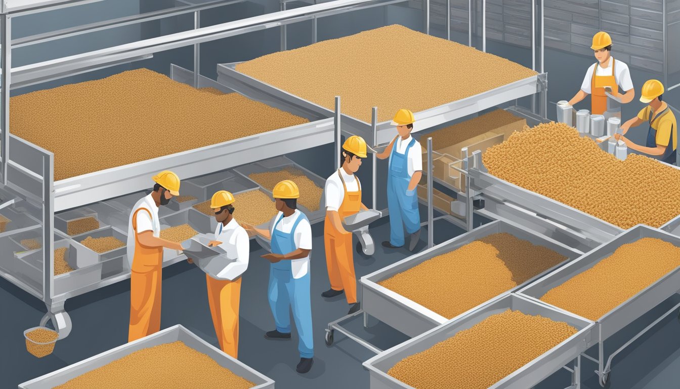 A team of workers inspecting and testing dog food products for safety and quality control at a bustling Demoulas Market Basket facility