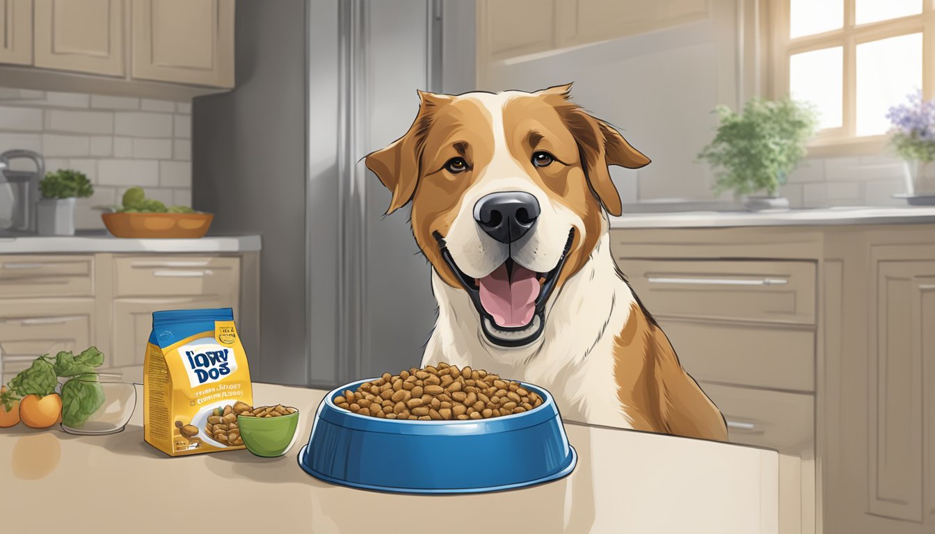 A happy dog eating nutritious food from a Food Lion dog food bowl