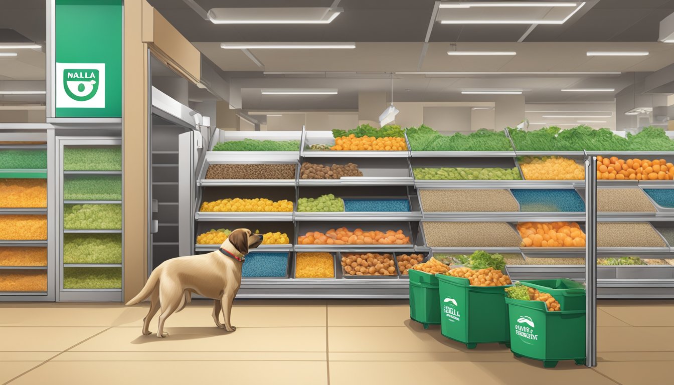 A dog happily eating Demoulas Market Basket dog food in a clean and spacious feeding area