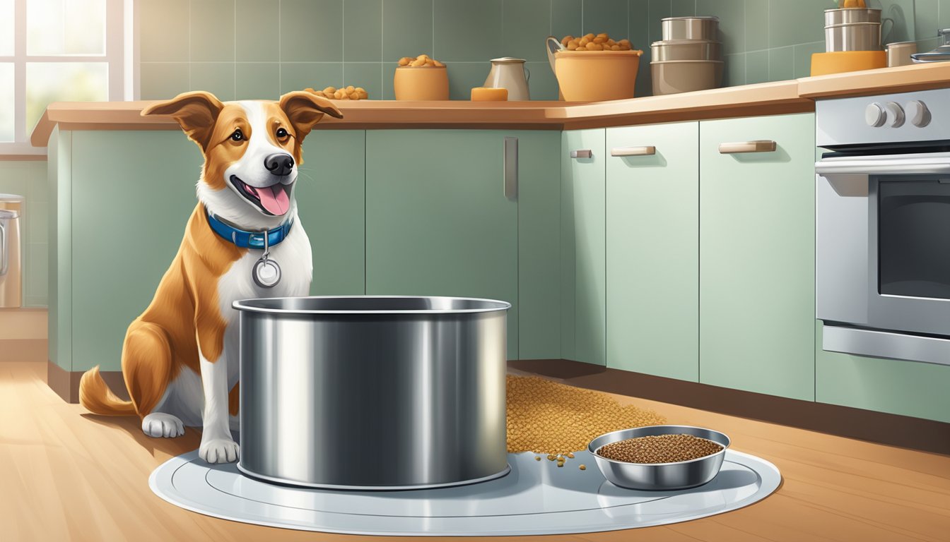 A happy dog eagerly eats Market Basket Demoulas dog food from a shiny metal bowl on a clean kitchen floor