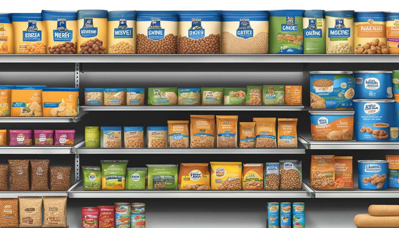 A variety of dog food options displayed on shelves at Food Lion