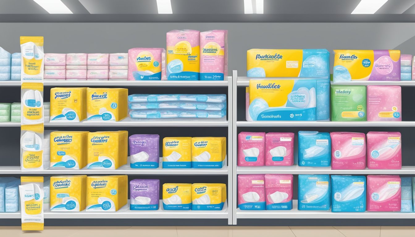 A variety of feminine hygiene pads displayed on shelves with absorbency level labels at a Walmart store