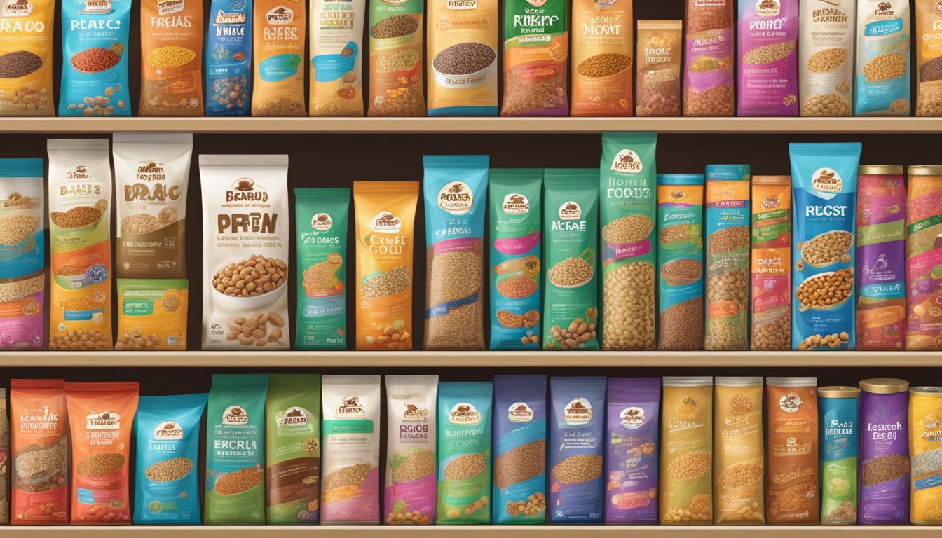 A colorful display of various brands of dog food lined up on shelves in the pet food aisle of a busy supermarket