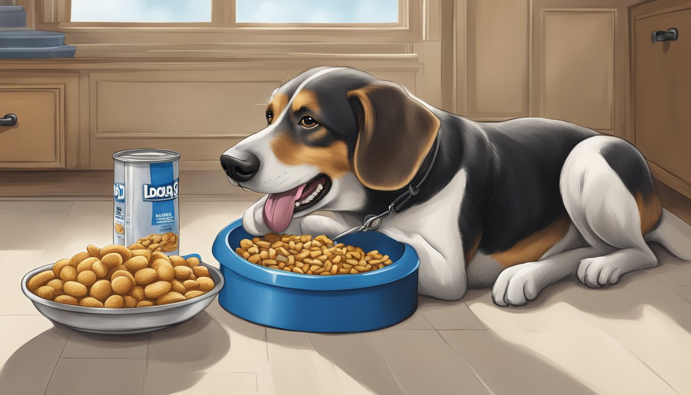 A dog eagerly eats treats and snacks from a Food Lion dog food bowl