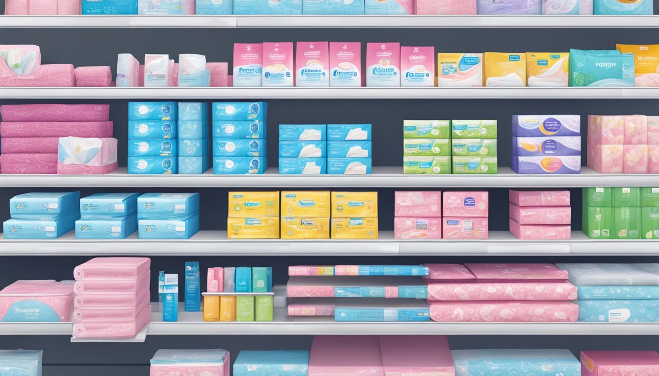 A shelf in a Walmart aisle displaying various brands of feminine hygiene pads with special features and considerations