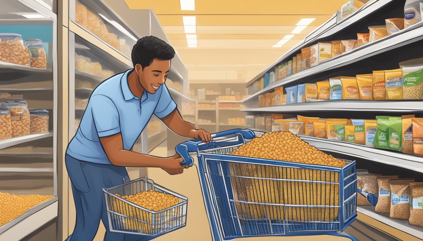 A person placing bags of dog food in a shopping cart at a Food Lion store