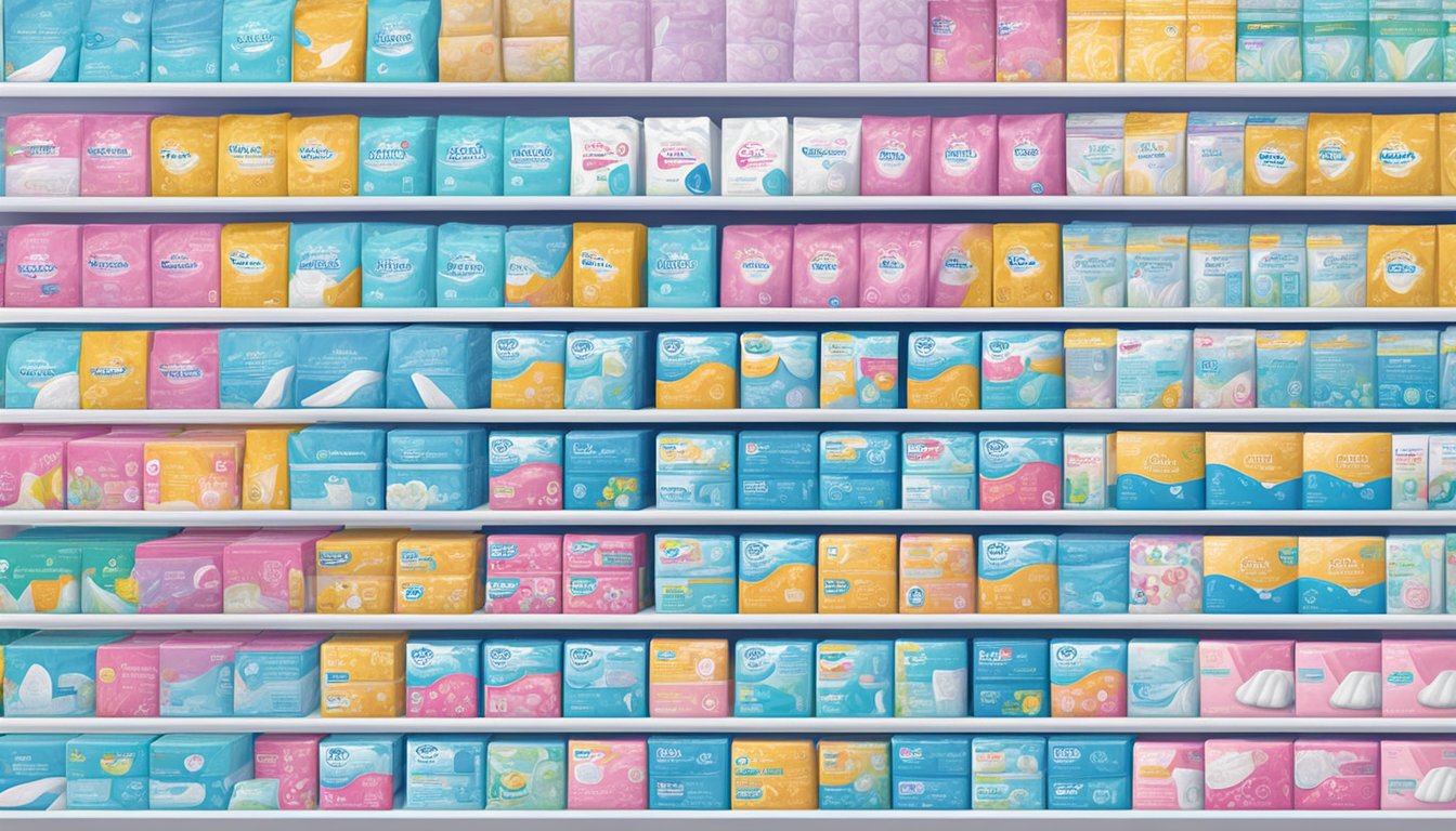 A shelf in Walmart displaying various brands of feminine hygiene pads