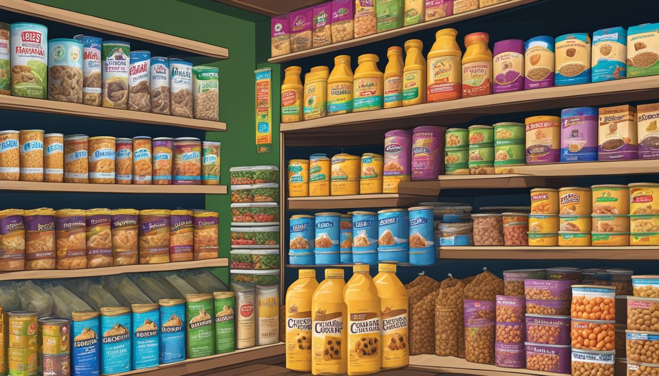 A colorful display of various brands of dog food lining the shelves at Cardenas Markets