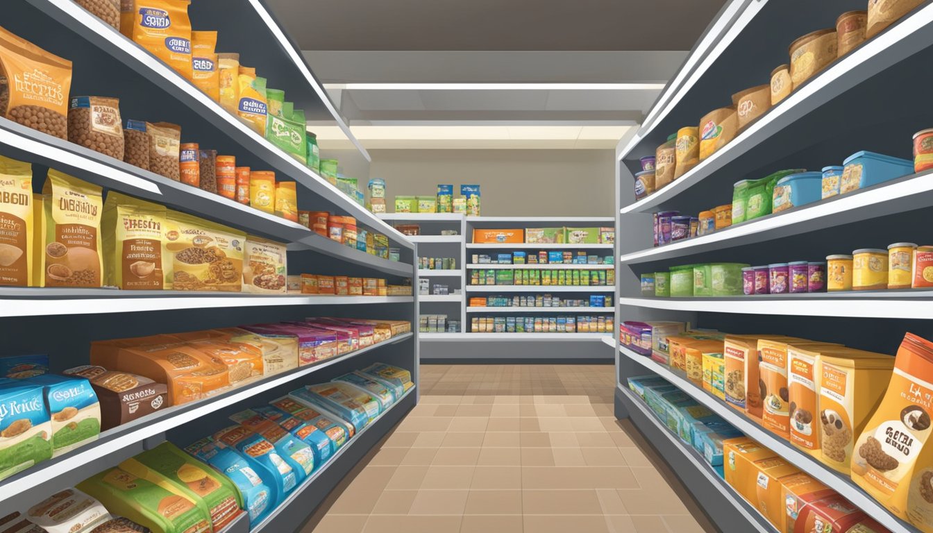 A dog food aisle in La Cocina Cardenas Markets with shelves stocked with various brands and types of dog food