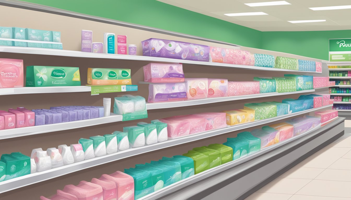 A shelf in a Publix supermarket displaying a variety of feminine hygiene products, including pads, tampons, and menstrual cups