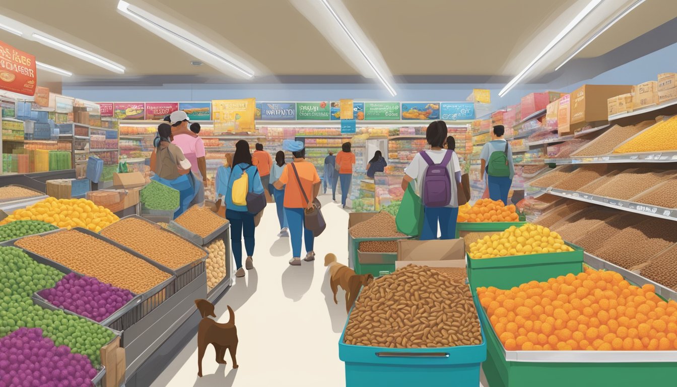 A busy aisle in Cardenas Markets, filled with colorful bags of dog food, customers browsing and a friendly store mascot