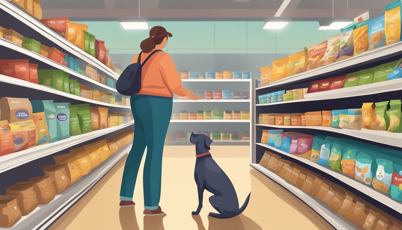 A dog stands in front of a variety of dog food options at a grocery outlet, with a concerned owner looking at the different nutritional labels