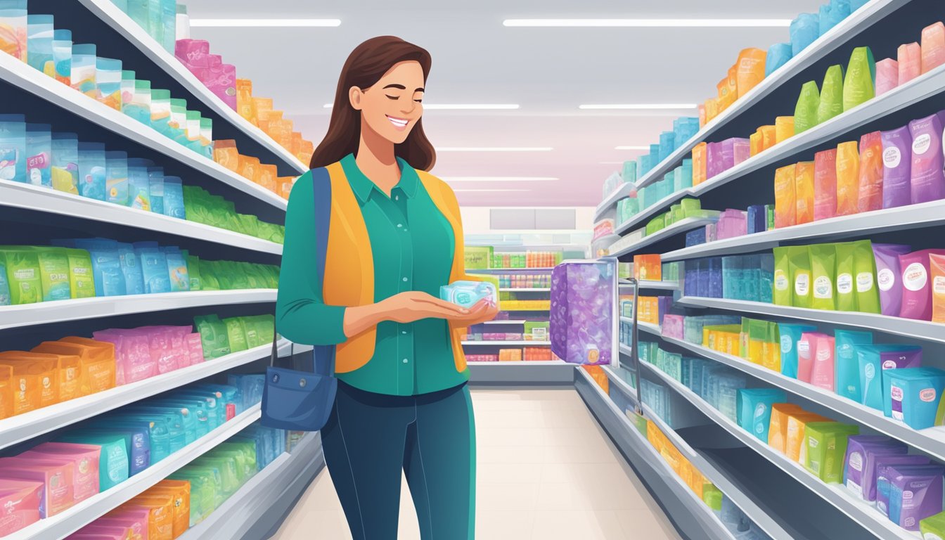 A woman selects feminine hygiene products from a well-organized aisle at Publix supermarket, with bright packaging and clear signage