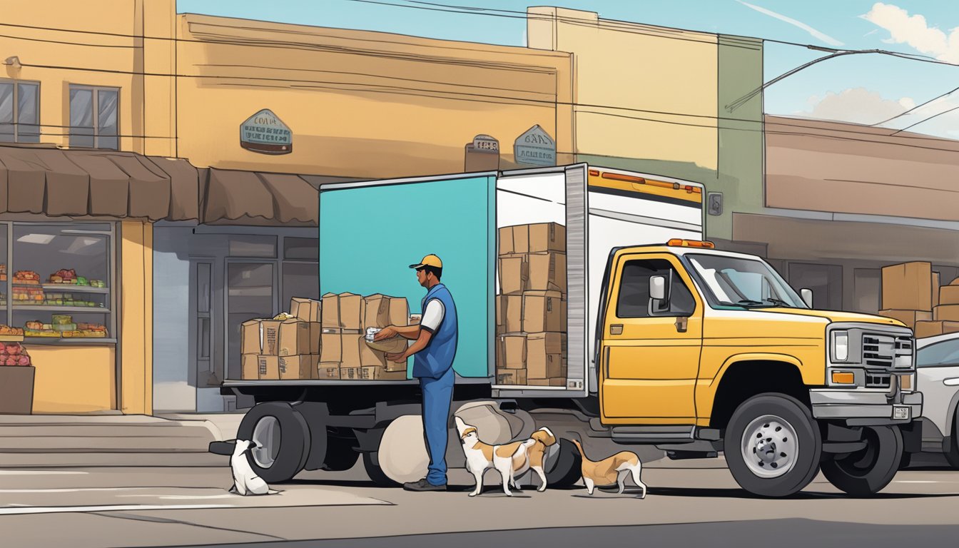 A delivery truck parked outside Cardenas Markets, with a stack of dog food bags being unloaded onto a dolly by a worker