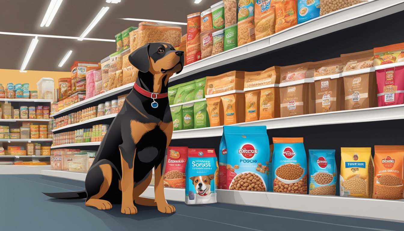 A dog stands in front of rows of various dog food brands at a grocery outlet