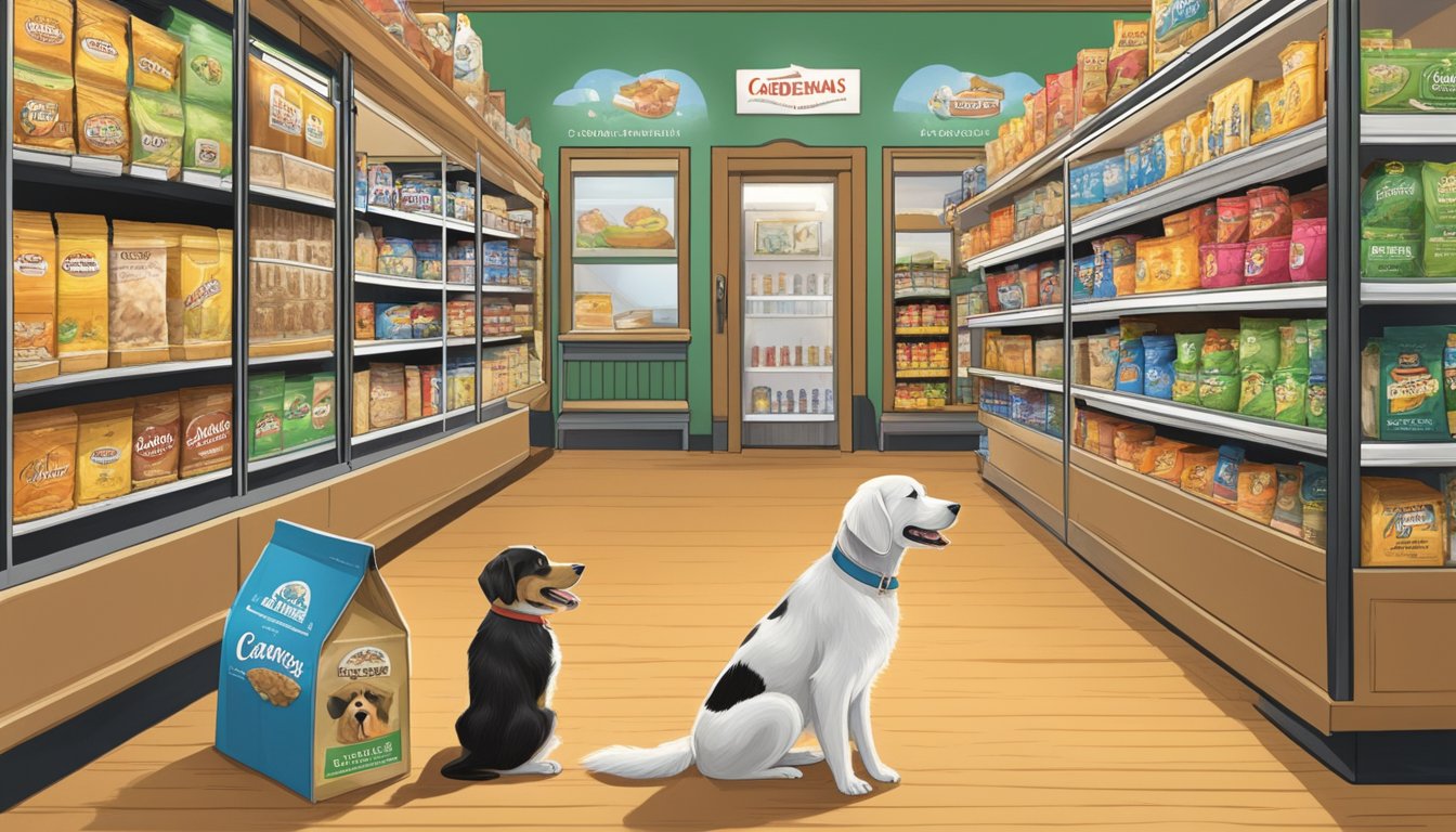 A playful dog eagerly sits in front of a display of Cardenas Markets dog food, wagging its tail with excitement