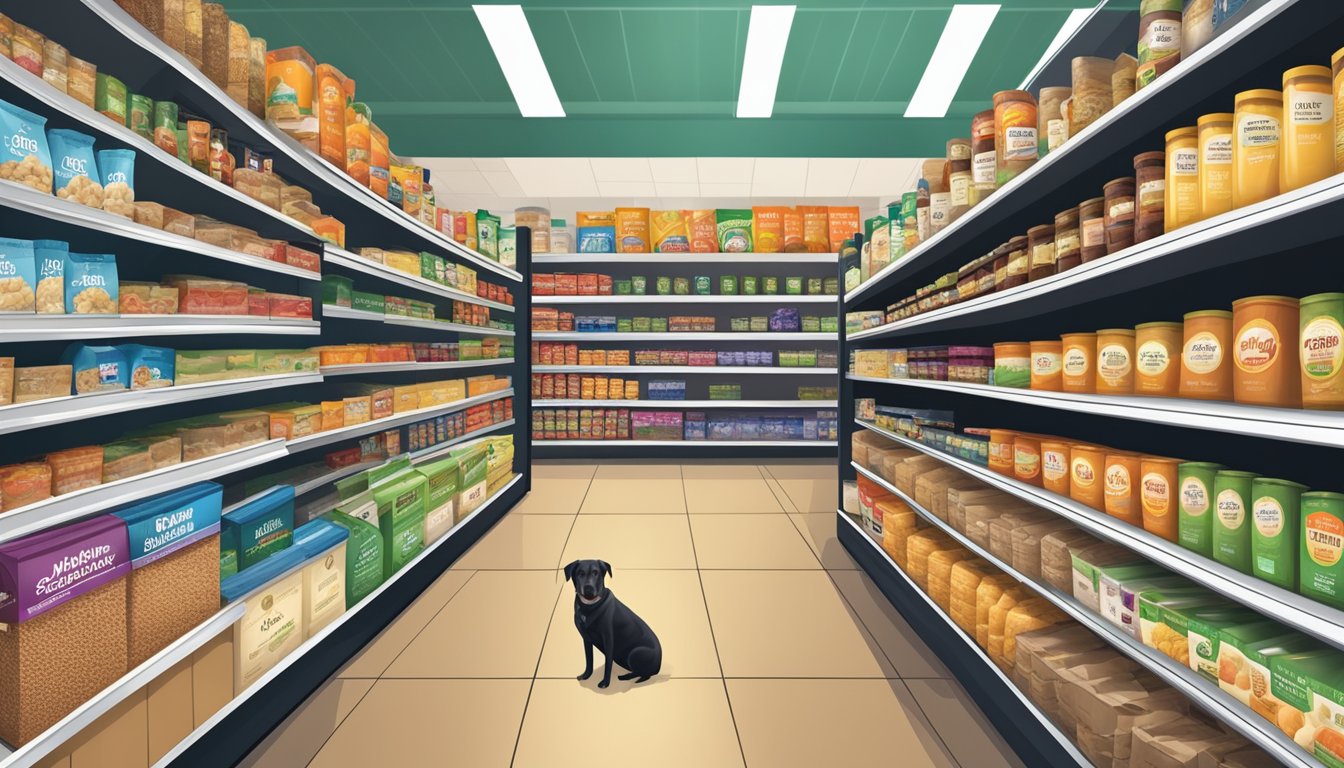 A grocery aisle with various brands of dog food, featuring labels promoting health benefits and natural ingredients