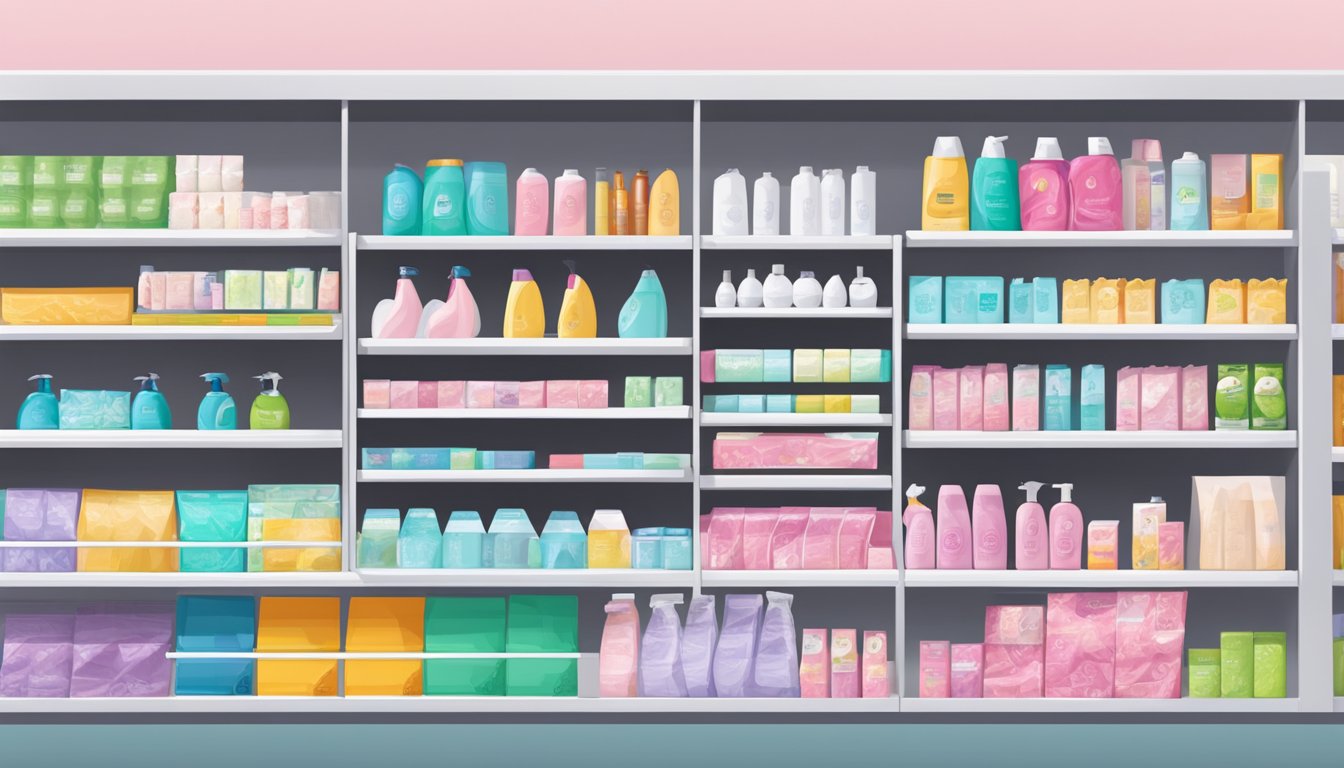 A shelf in a Publix supermarket stocked with various feminine hygiene products, neatly organized and easily accessible for customers