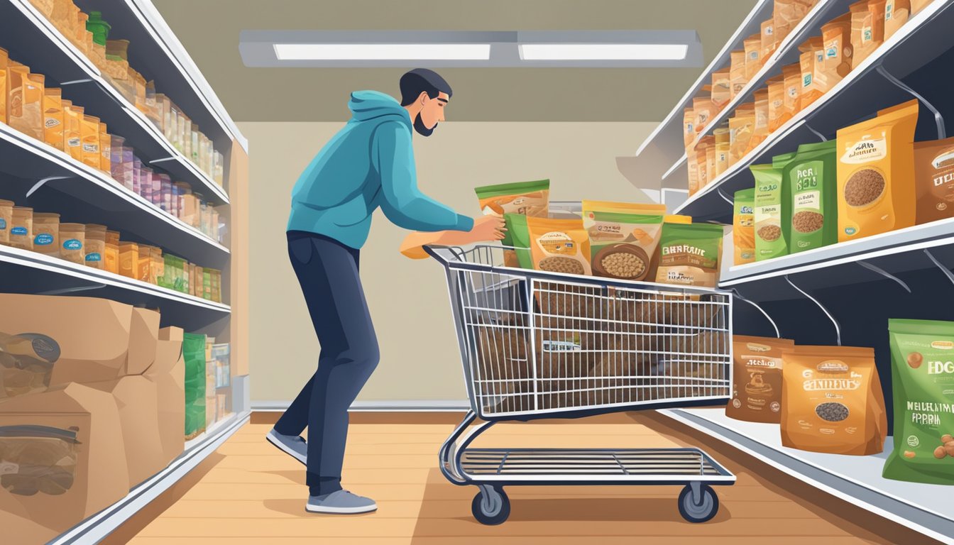 A person placing a bag of dog food into a shopping cart, then storing it in a pantry at home