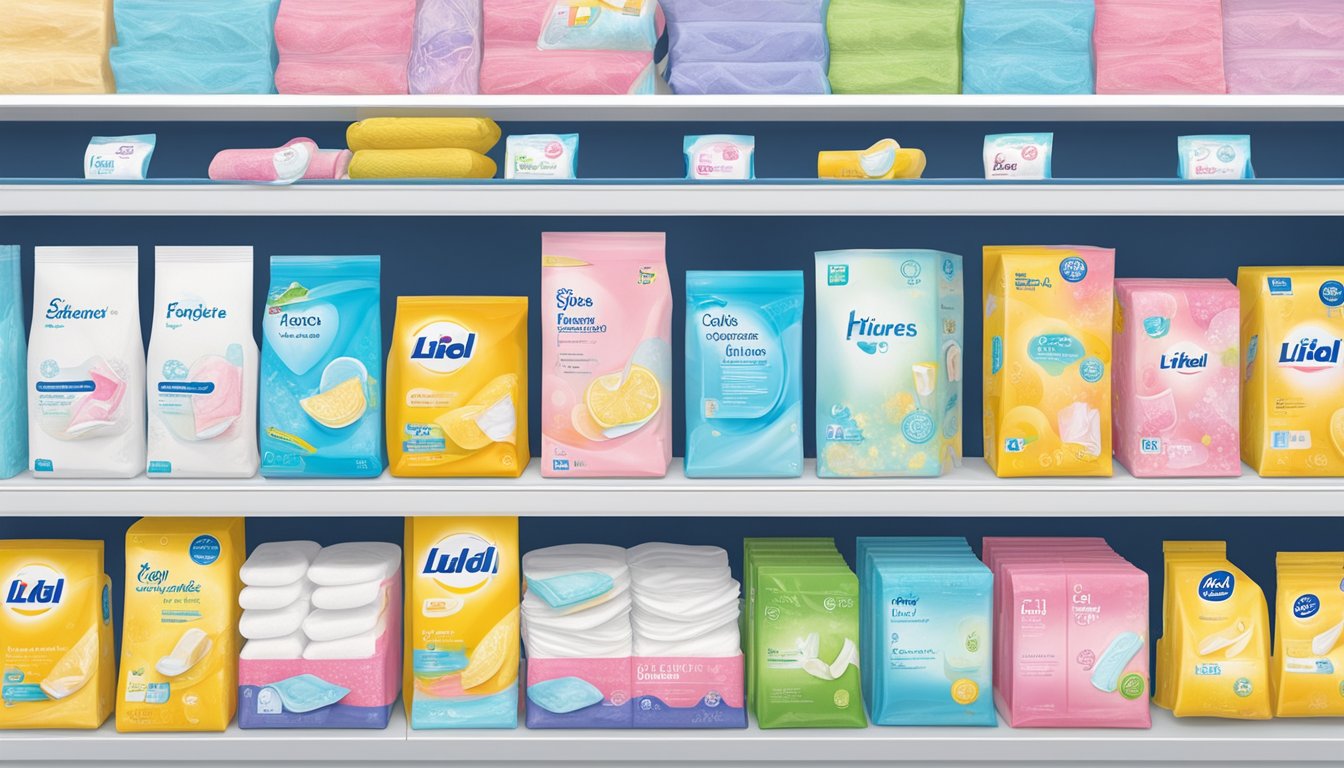 A shelf displaying various feminine hygiene pads at a Lidl store