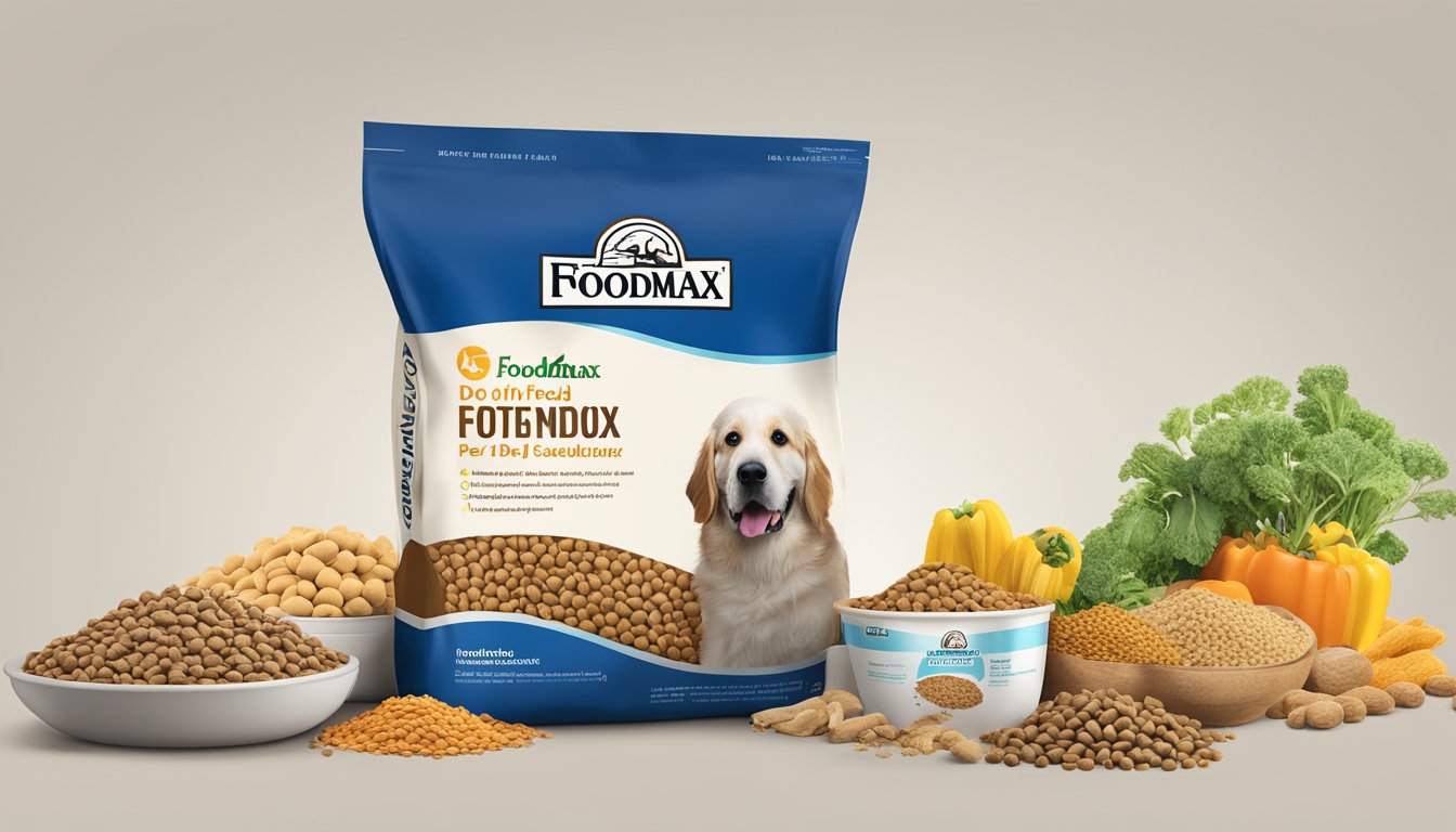 A bag of FoodMaxx dog food surrounded by various pet food ingredients and a measuring cup