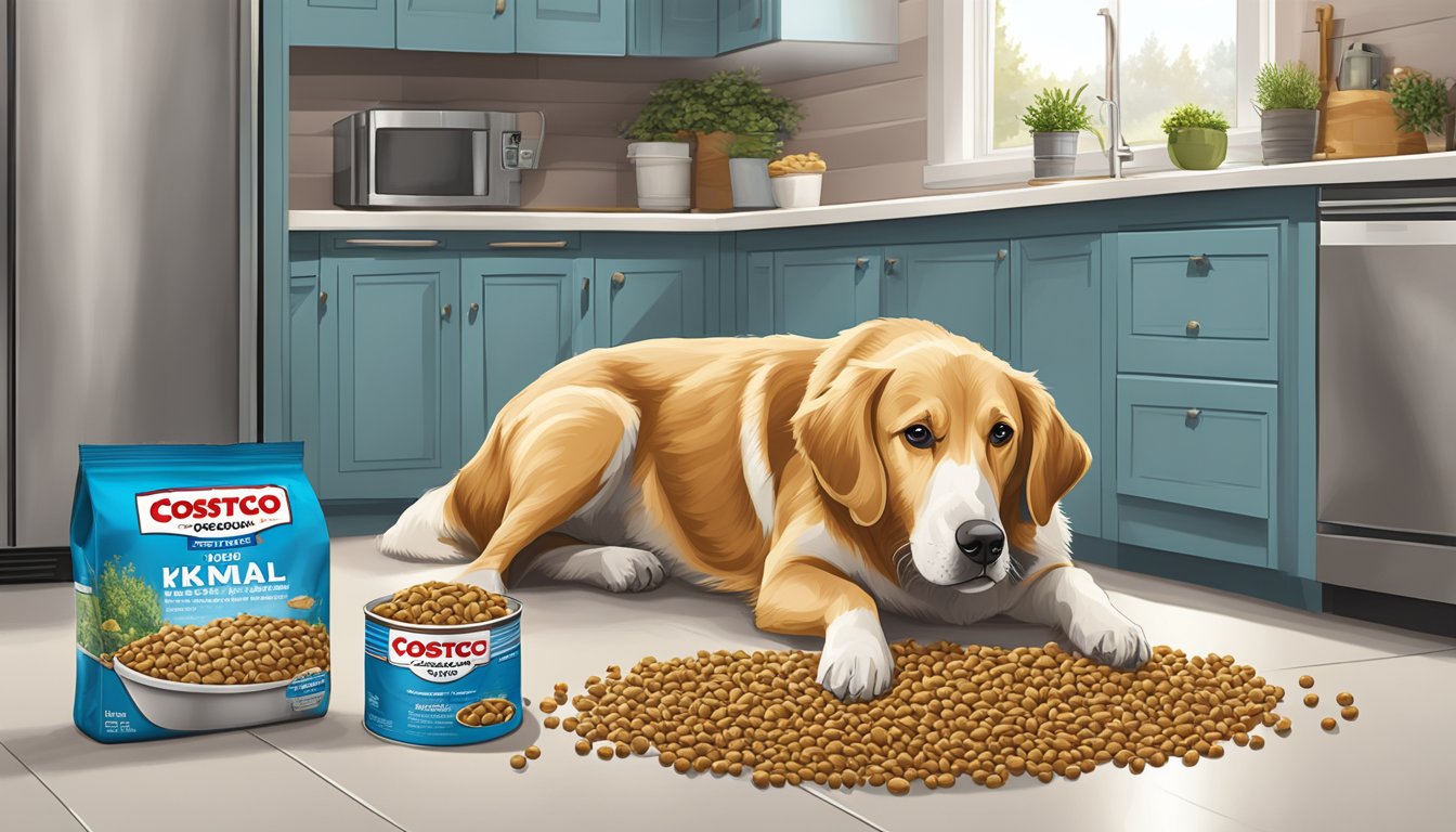 A large bag of Costco dog food sits on a kitchen floor, surrounded by scattered kibble and a spilled water bowl