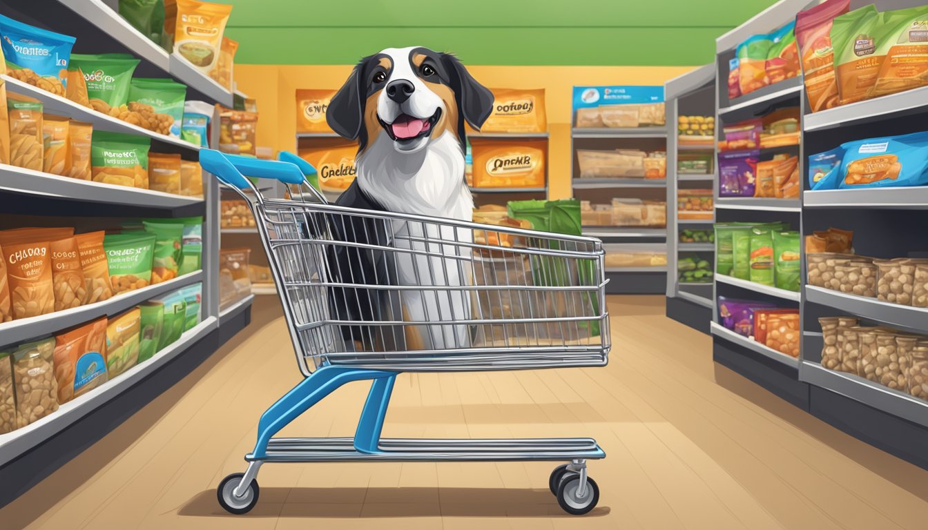 A dog standing next to a full shopping cart filled with bags of Guide foodmaxx dog food at a pet store