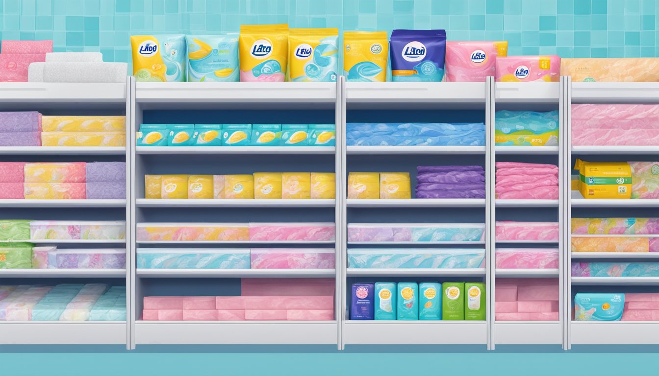 A shelf at Lidl filled with various feminine hygiene pads in colorful packaging