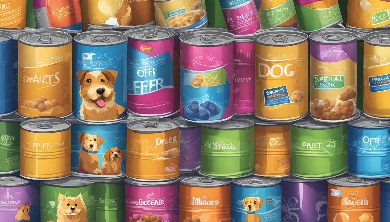 A colorful display of dog food cans and bags with "Special Offers and Discounts" signs