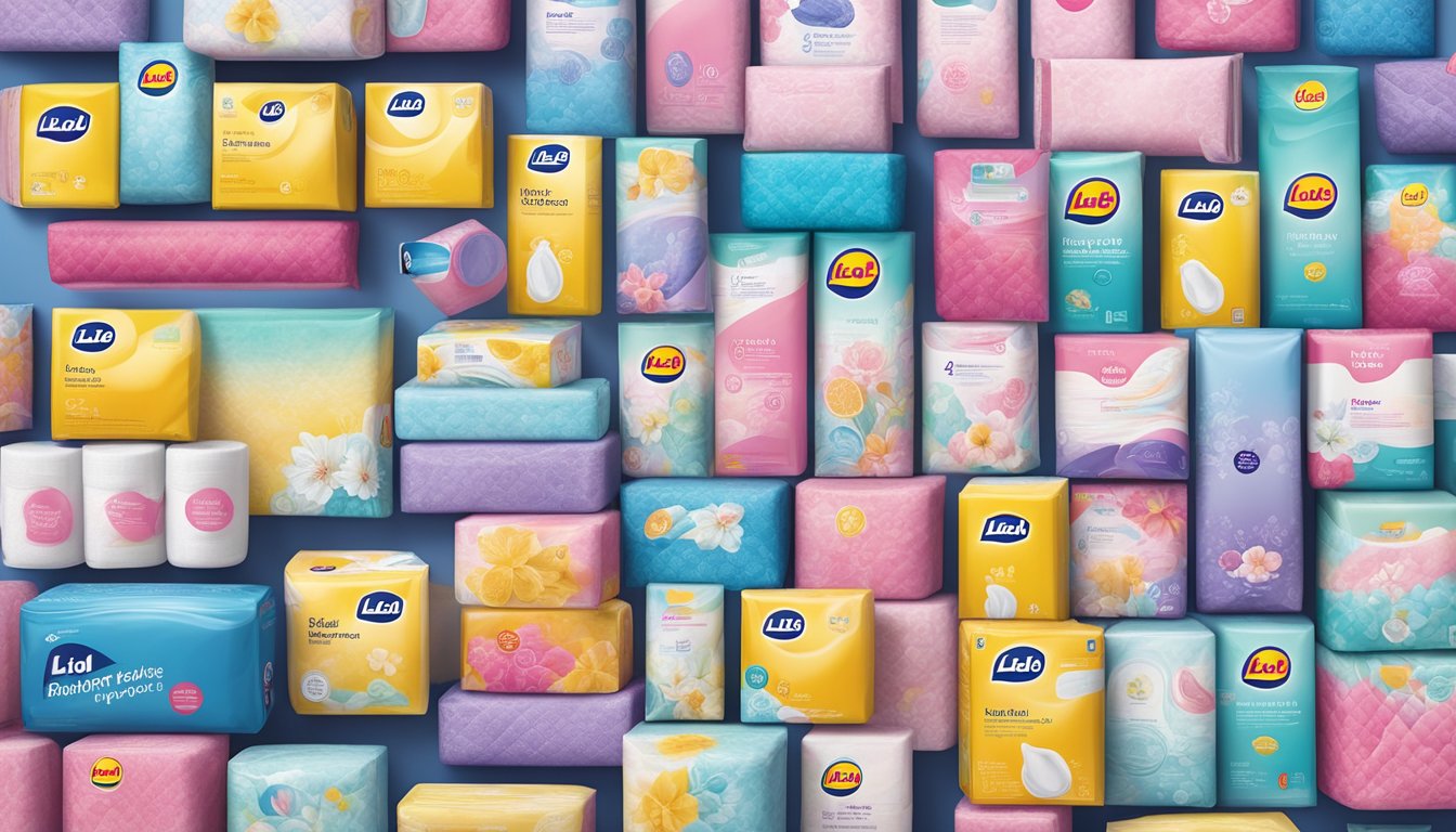 A colorful display of feminine hygiene pads at Lidl, showcasing the variety and quality of the products, with a focus on safety and reliability