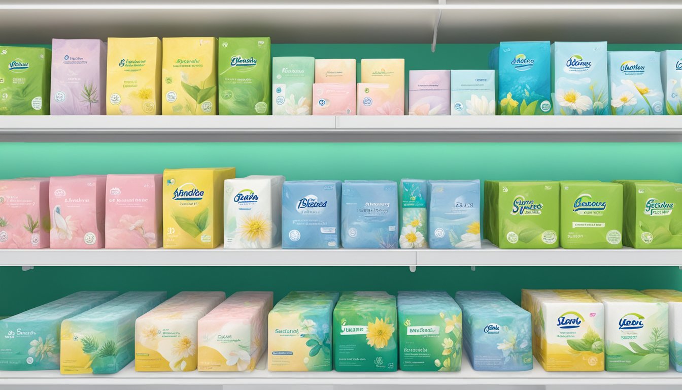 A shelf stocked with eco-friendly feminine hygiene pads at Lidl, surrounded by images of nature and sustainability