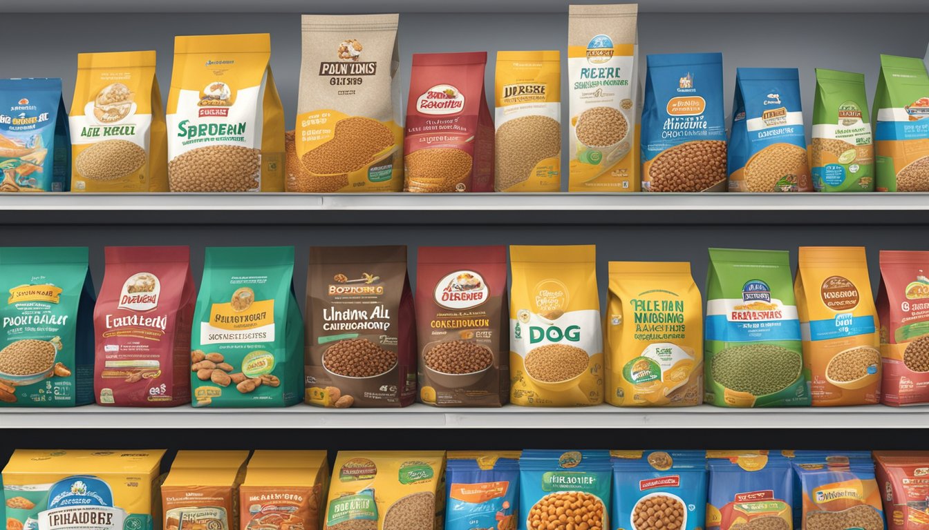 Aisle of dog food bags stacked on shelves at Foodmaxx with a large display of various brands