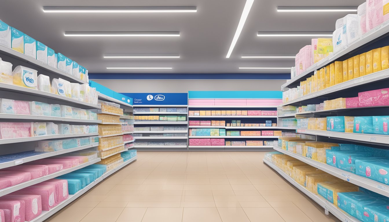 A display of feminine hygiene pads at a Lidl store, with various brands and sizes neatly organized on shelves