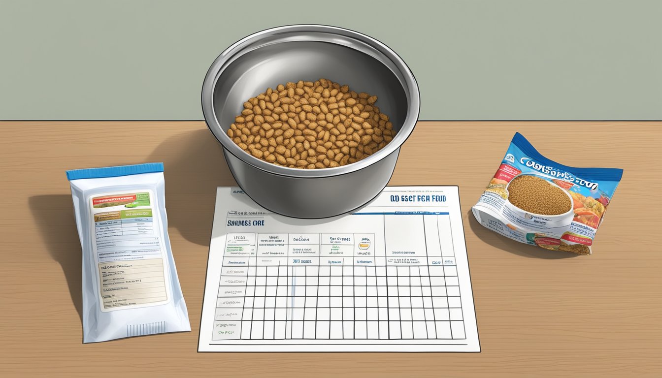 A dog food bowl with measured portions, a feeding chart, and a bag of Costco dog food